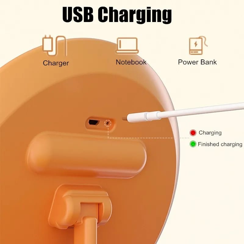  charging station of Makeup Storage Box with mirror with USB ports labeled for charger, notebook, and power bank.