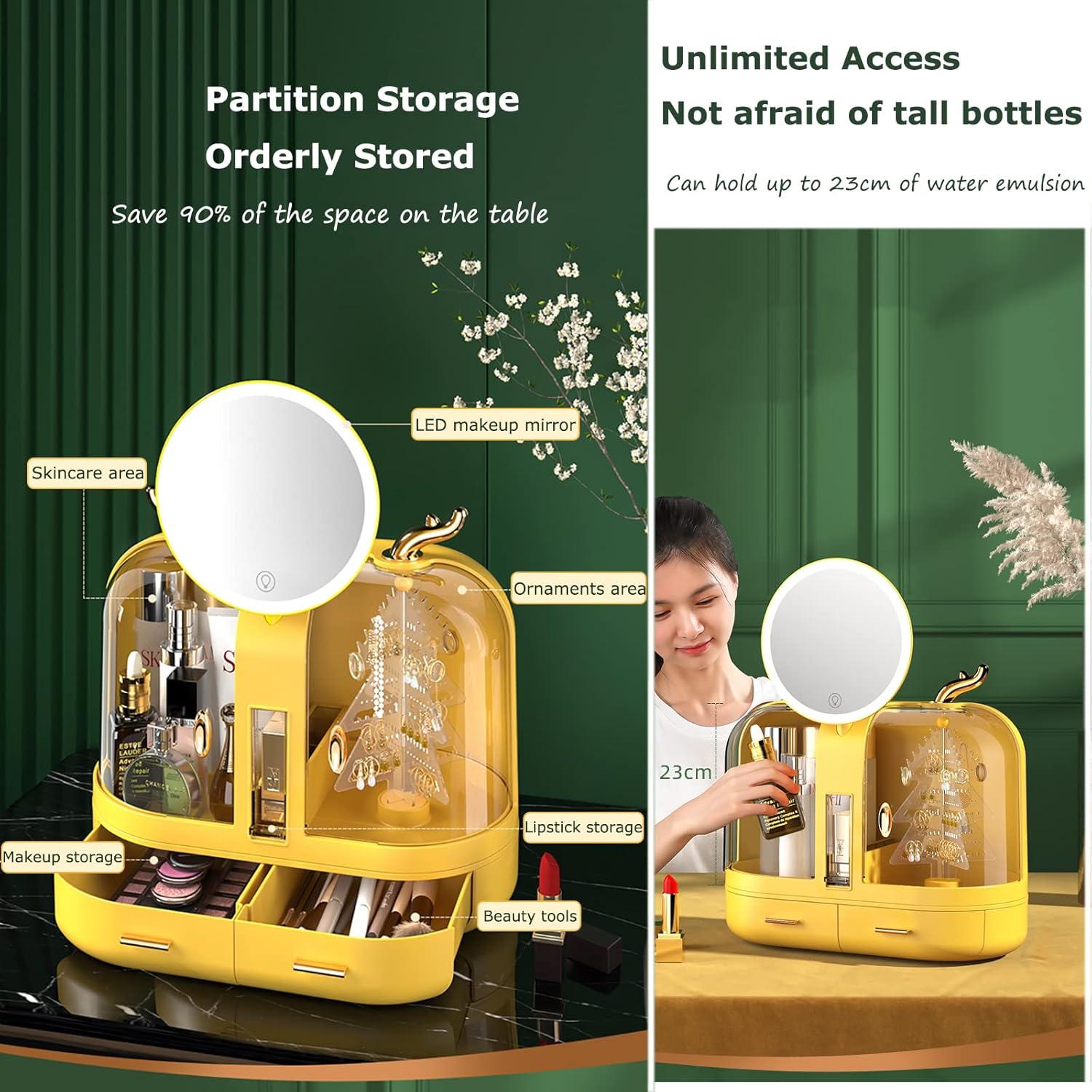 Yellow cosmetic organizer with mirror and drawers on a green background