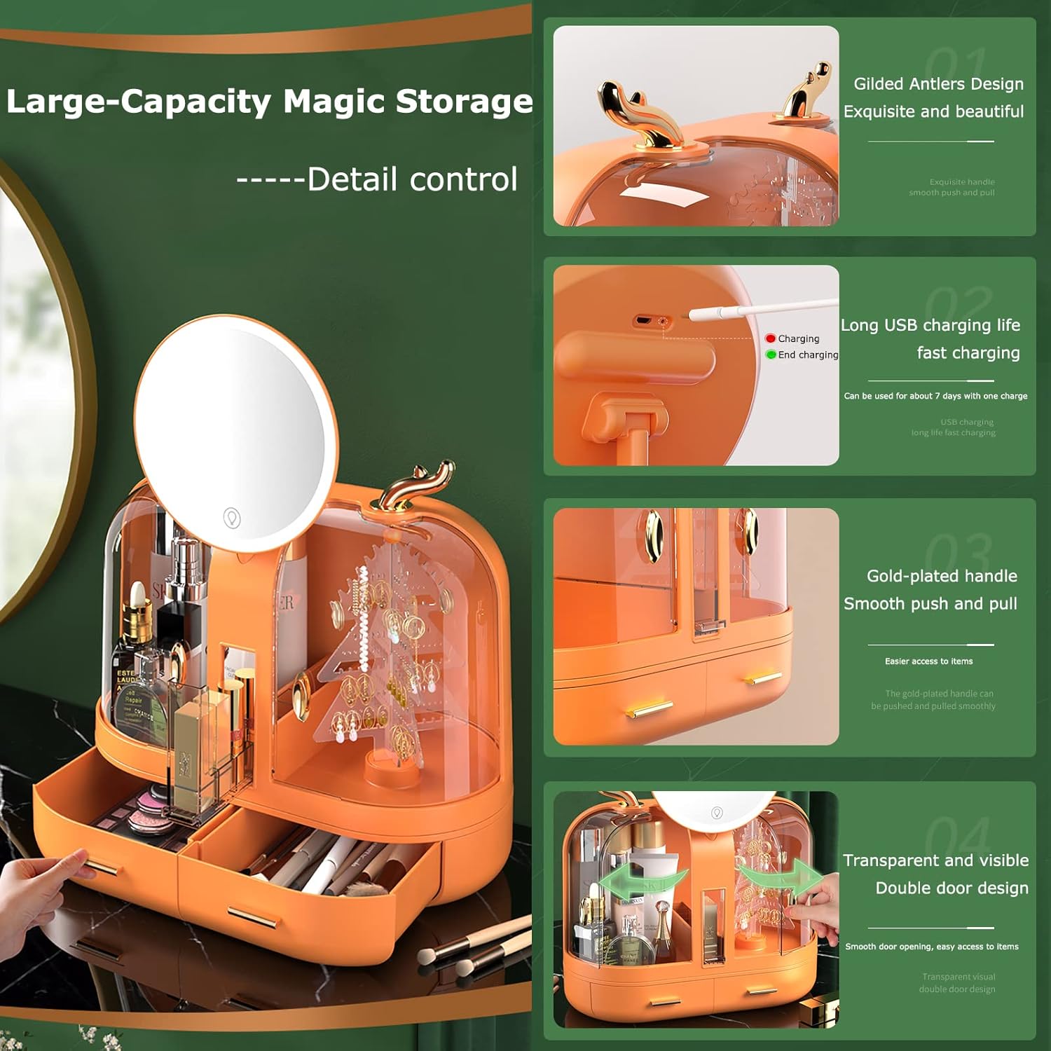 Orange cosmetic storage case with mirror and compartments, featuring text on a green background.