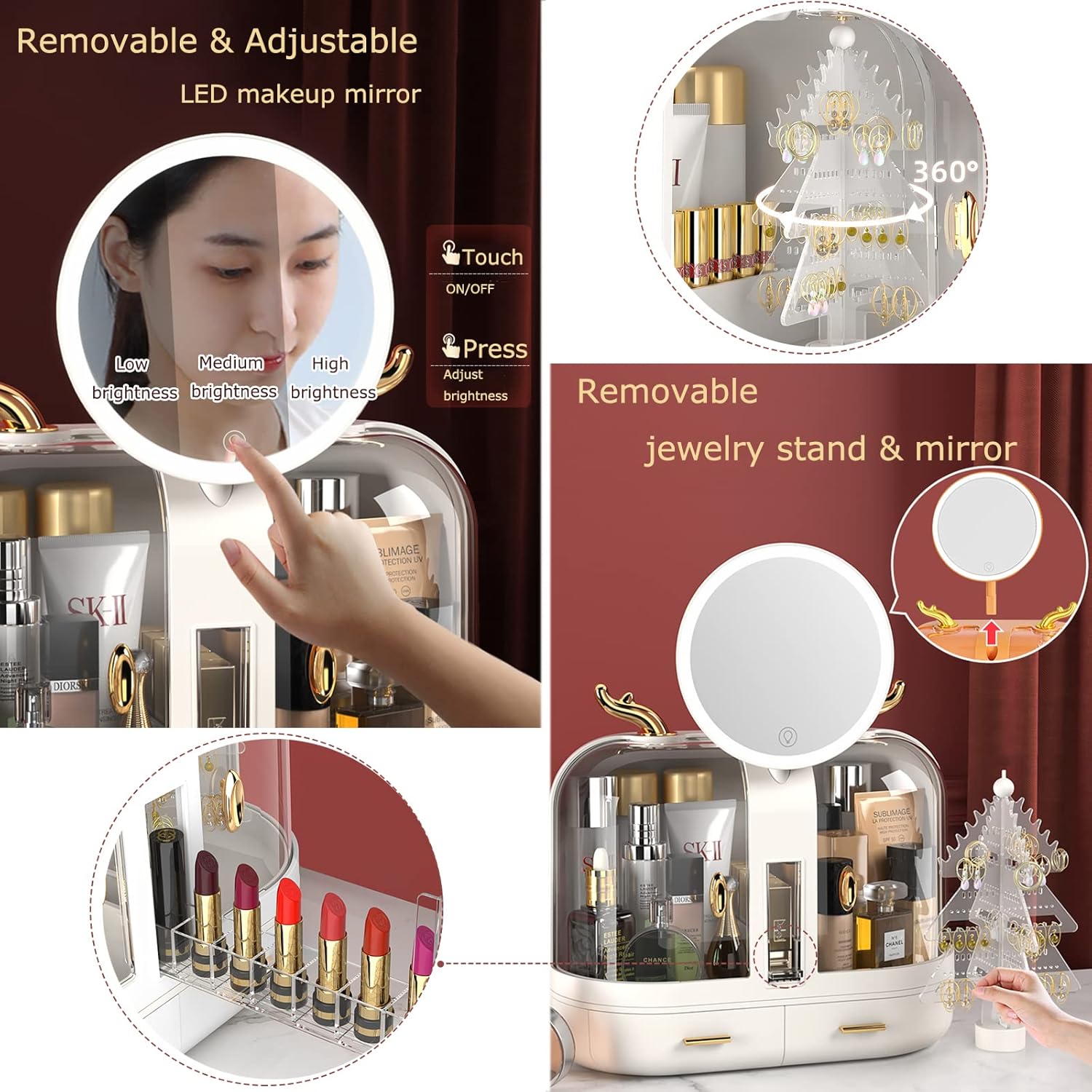 A Person is demonstrating the features of Multifunctional Makeup Storage Box.