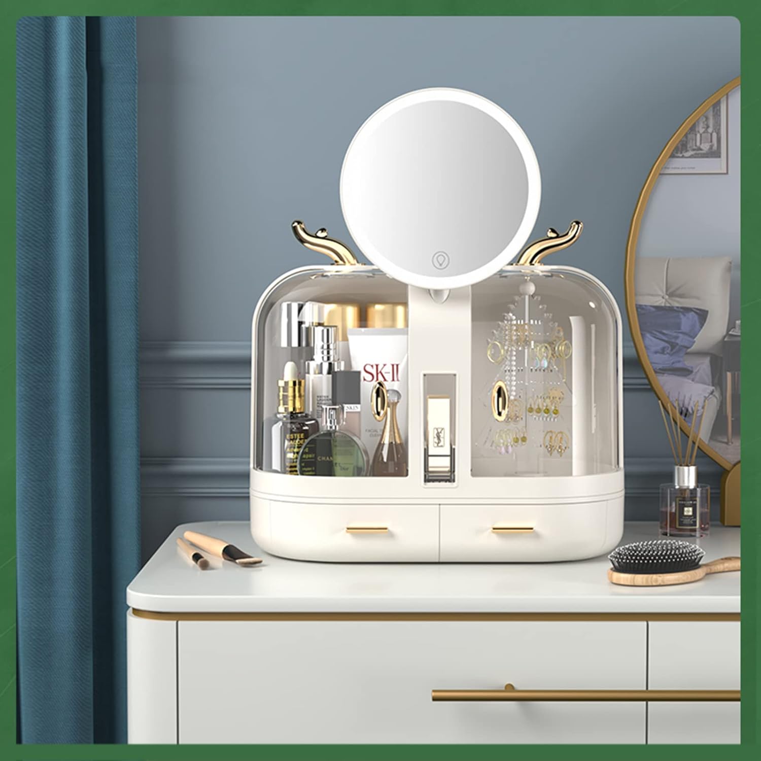 Cosmetic organizer with mirror on a dresser with skincare products.