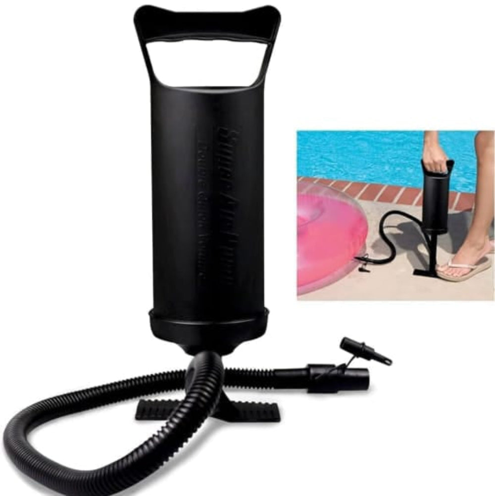 A Person is Filling Air on  Swimming on Tube Using Manual Air Pump.