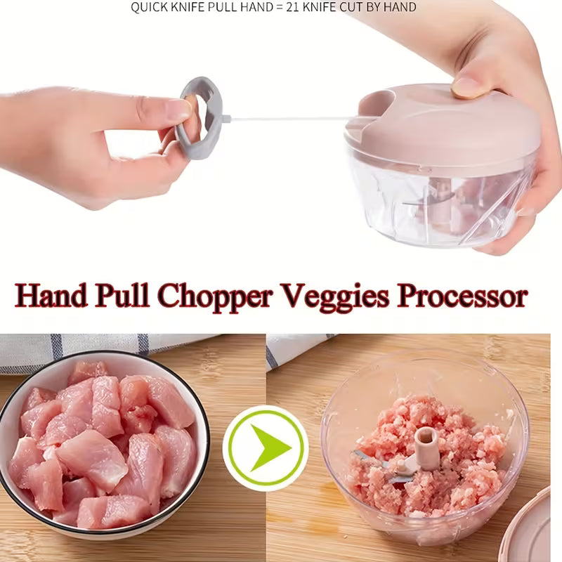 A Person is Puling the Rope of Manual Food Chopper.