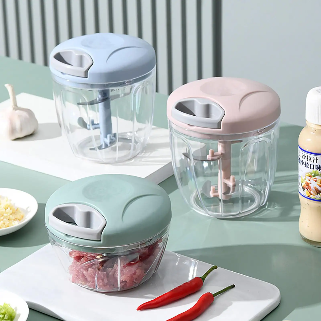 Manual Food Choppers of three different Colors and Sizes.