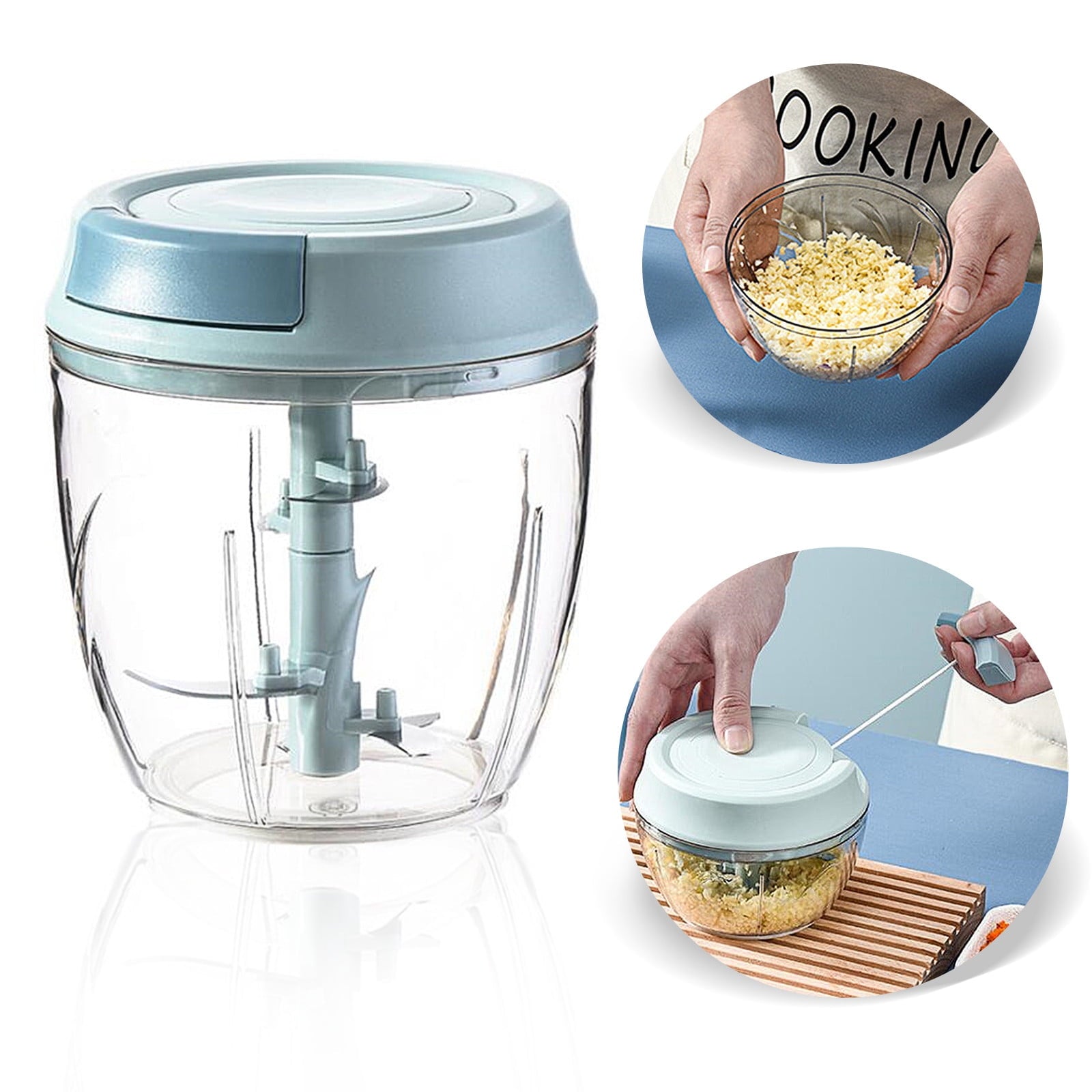 A Person is Using Manual Food Processor to Chop Food.