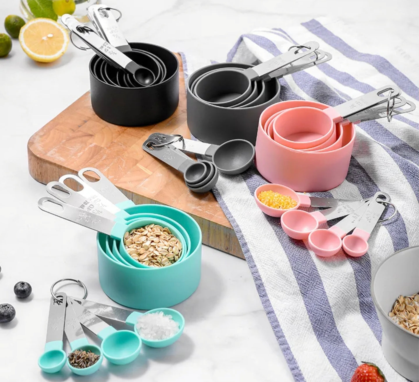 Measuring Cups and Spoons Set in Different Colors.