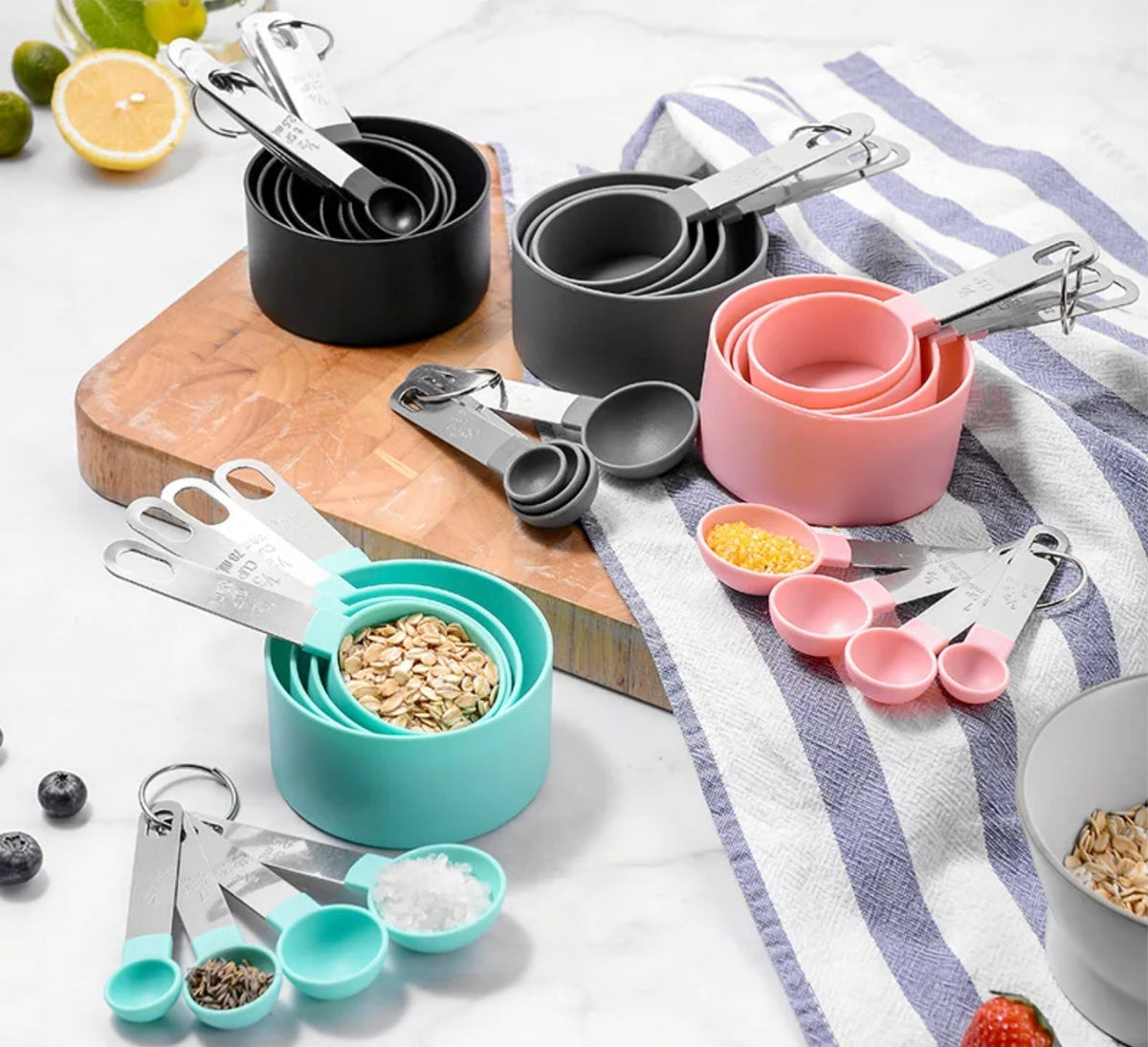 Measuring Cups and Spoons Set in Different Colors.
