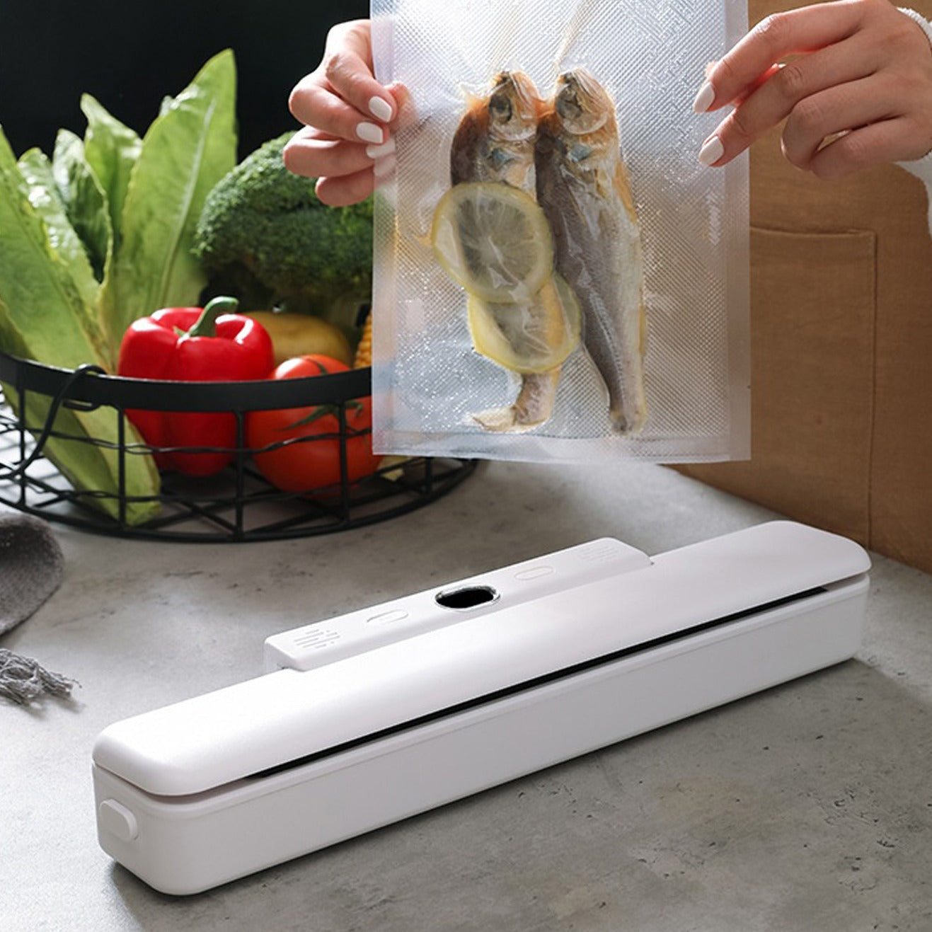 A Person is Packing Meat in a Food Vacuum Sealer Bags Using Automatic Vacuum Sealer Food Packing Machine