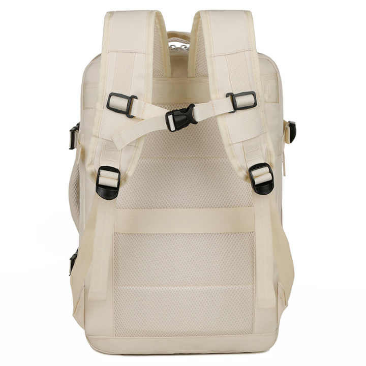 A White Men Woman Travel Backpack.