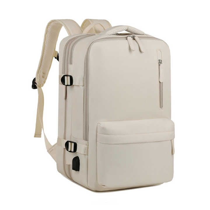 A Beige Men Woman Travel Backpack.