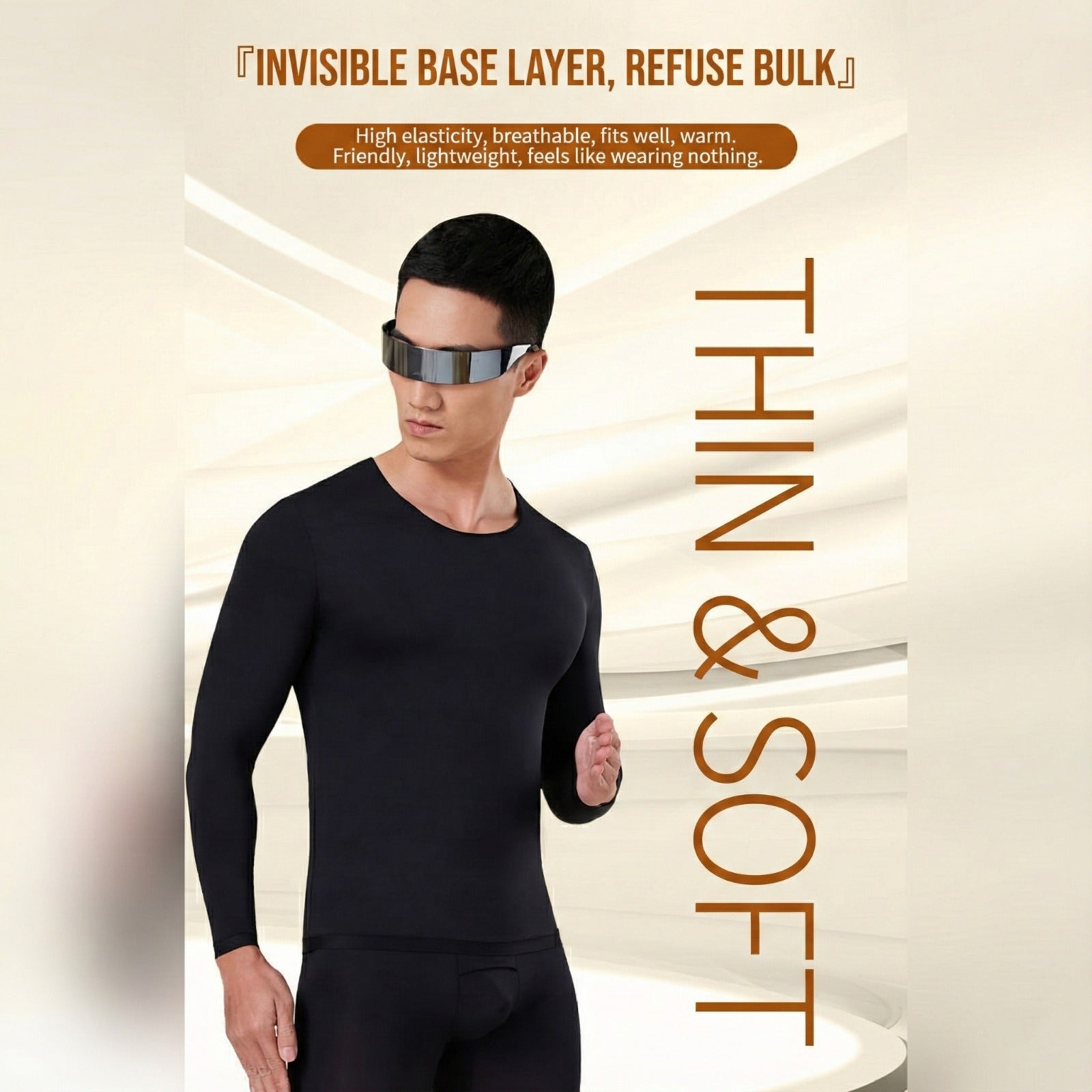A Person is Wearing Men's Thermal Underwear Top & Bottom Set.