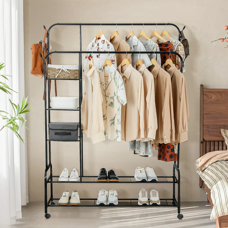 Cloth and Shoes are Arranged on the Heavy Duty Portable Cloth Rack With Shelf and Rack.