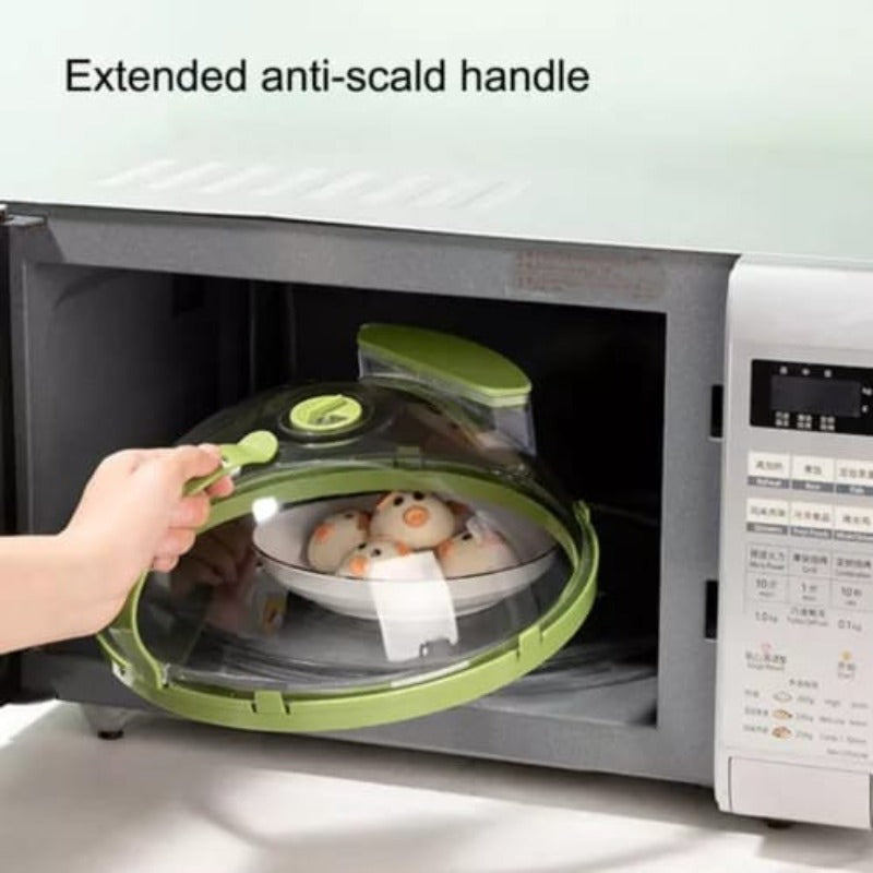 A Person is Placing Microwave Oven Splatter Cover in to Microwave Oven Splatter Cover.