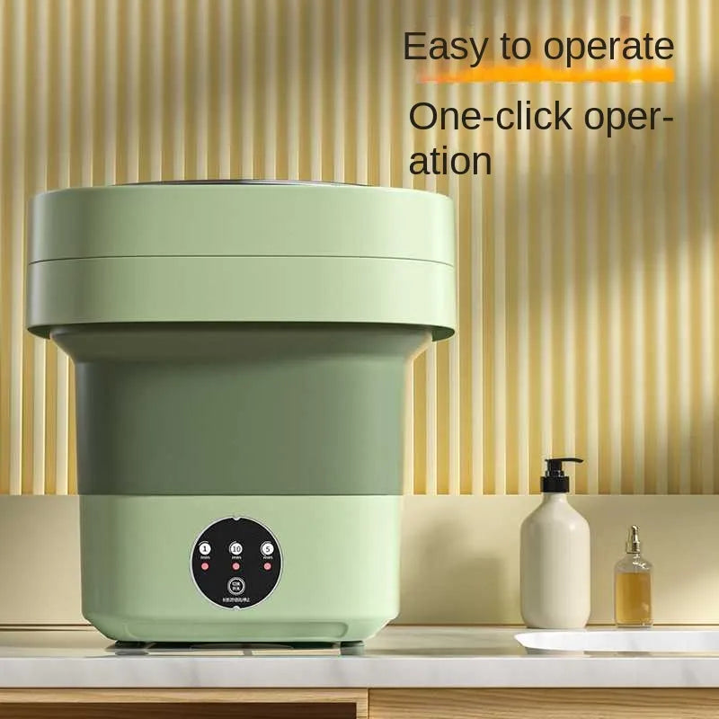 A Mini Foldable Washing Machine featuring the words "easy to operate" and "one click open" for effortless cleaning.