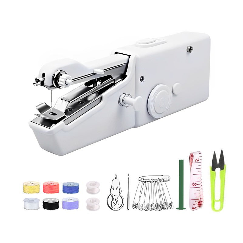 A white Electric Handheld Sewing Machine with various sewing supplies