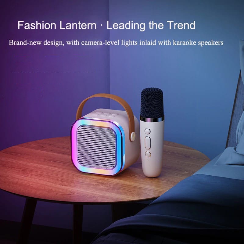 Mini Bluetooth Speaker With Wireless Karaoke Microphone is Placed Beside Bed.