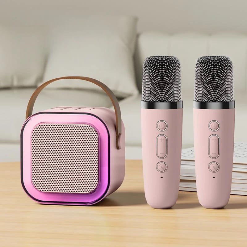 Pink Mini Bluetooth Speaker With Wireless Karaoke Microphone.