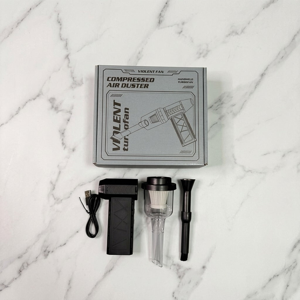 Violent Compressed Air Duster with packaging on a marble surface