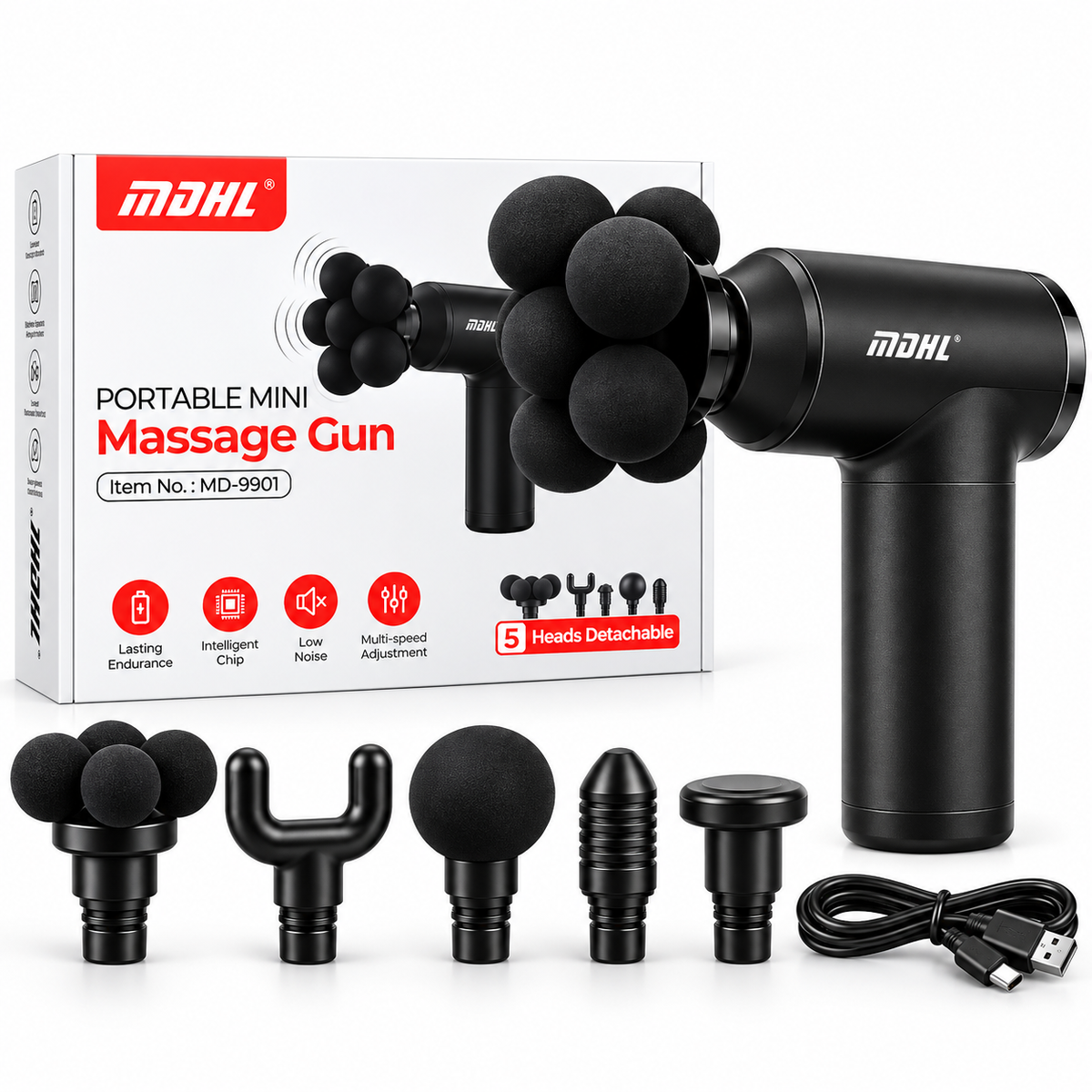 Mini Massage Gun with all its accessories.