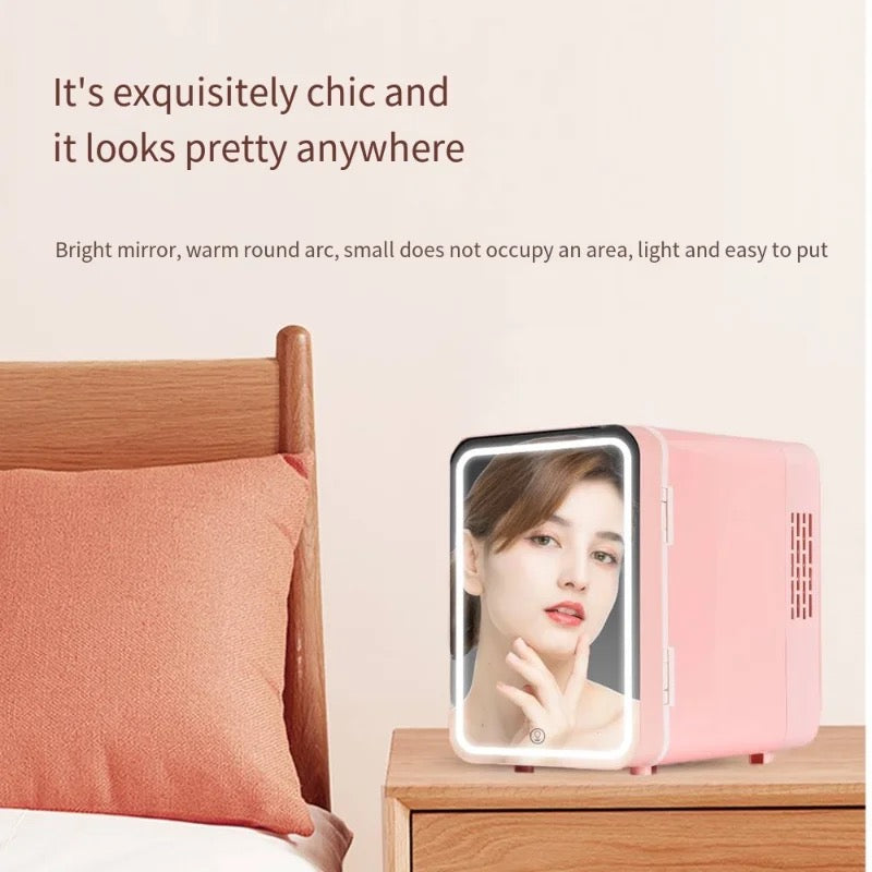 Mini Multifunction Cosmetic Refrigerator With Mirror is Placed Near Side Table.