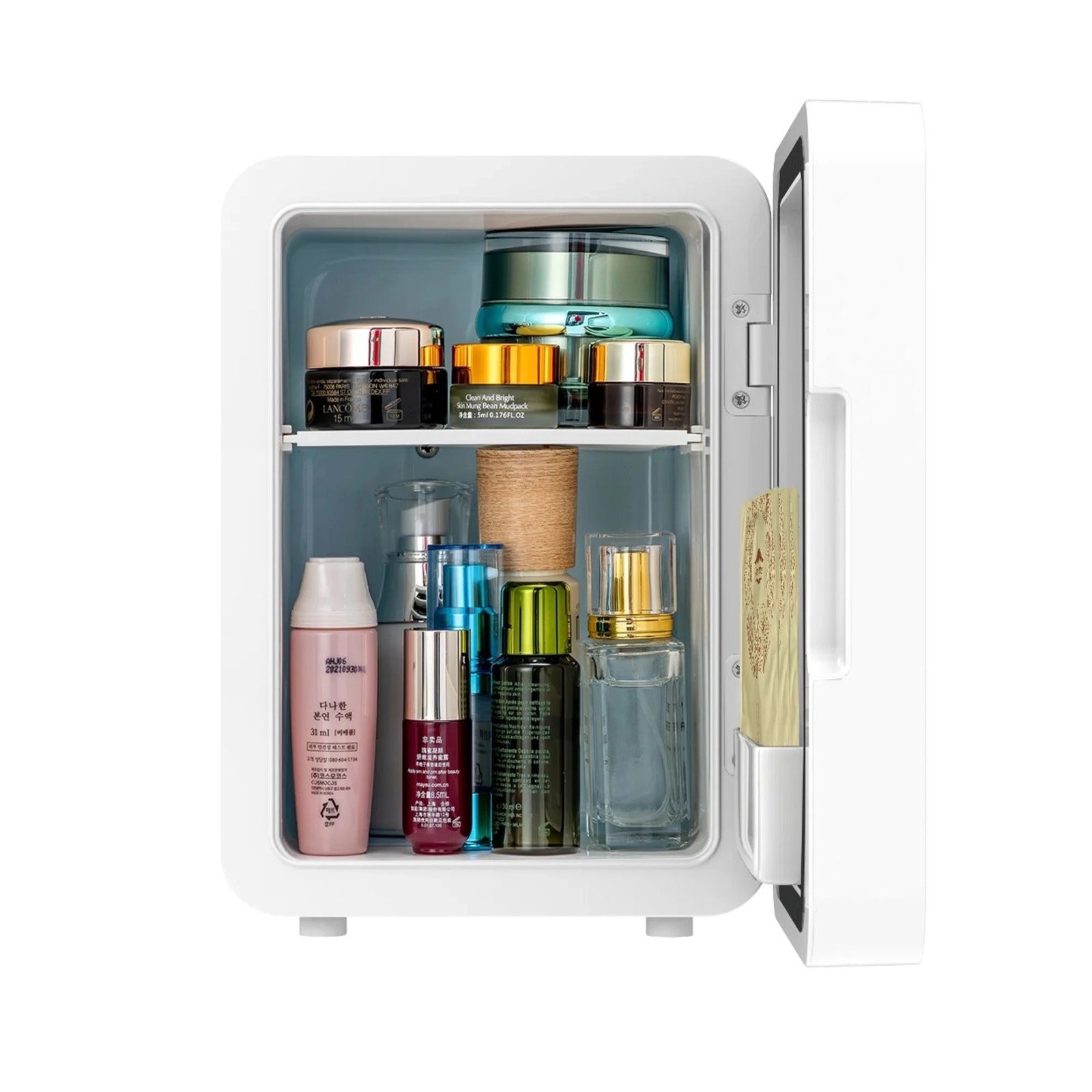 Cosmetic Items are Arranged On The Mini Multifunction Cosmetic Refrigerator With Mirror.