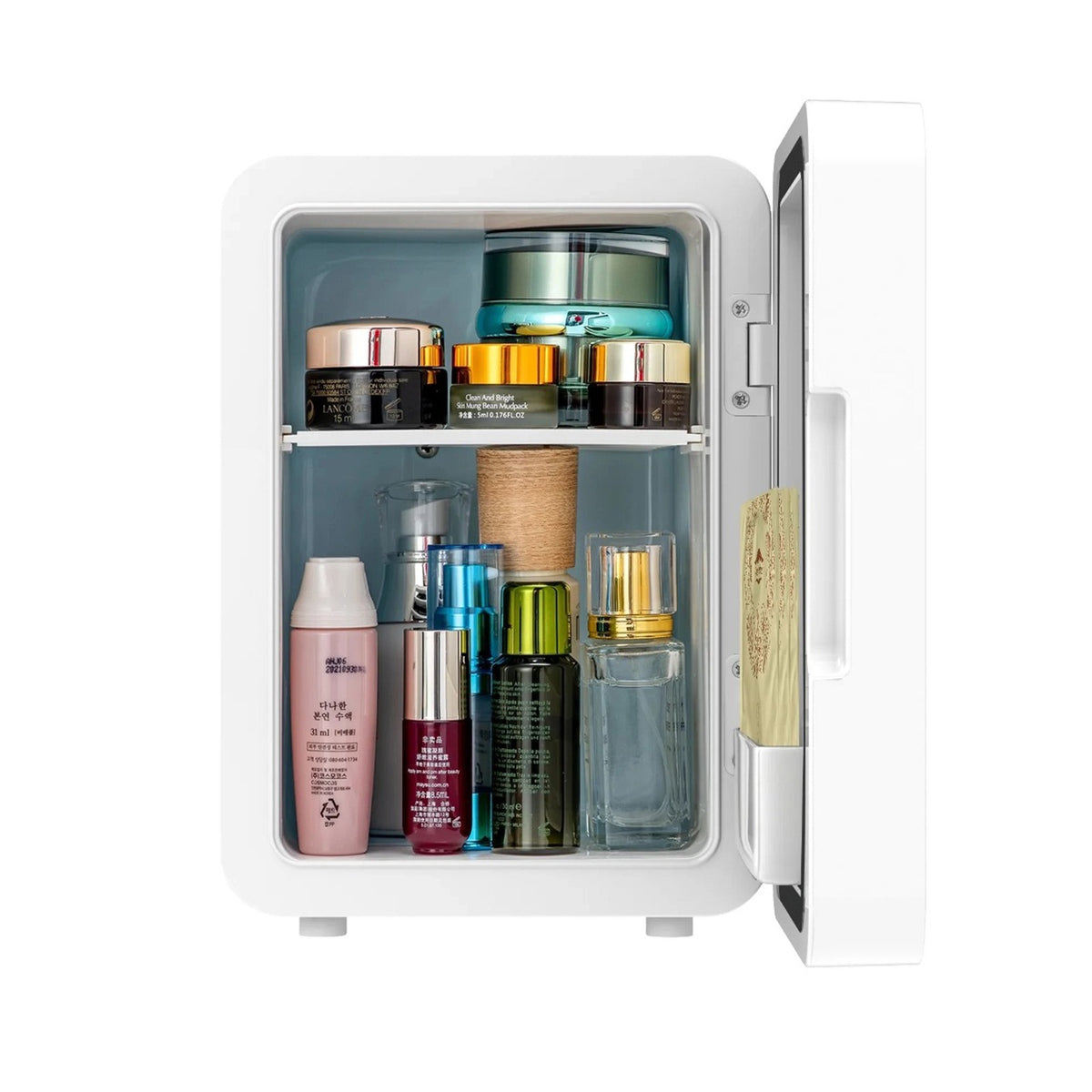 Cosmetic Items are Arranged On The Mini Multifunction Cosmetic Refrigerator With Mirror.