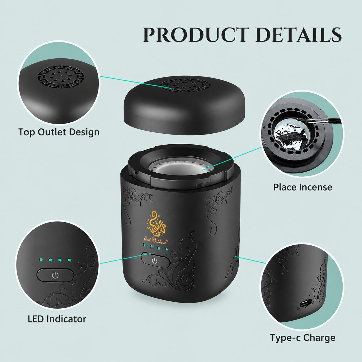 Mini Portable Electric Bakhoor Burner with features highlighted on a light blue background