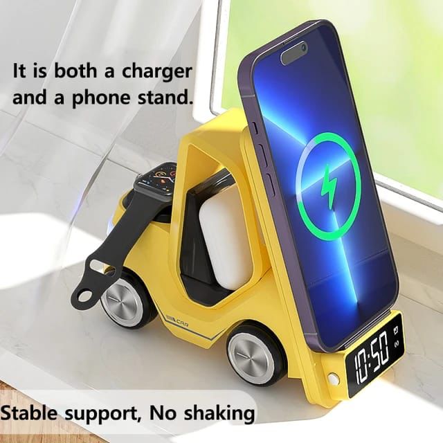 A phone placed on the Forklift Car Design Wireless Phone Charger with LCD Screen and Alarm Clock for Mobile Phones has stable support with no shaking