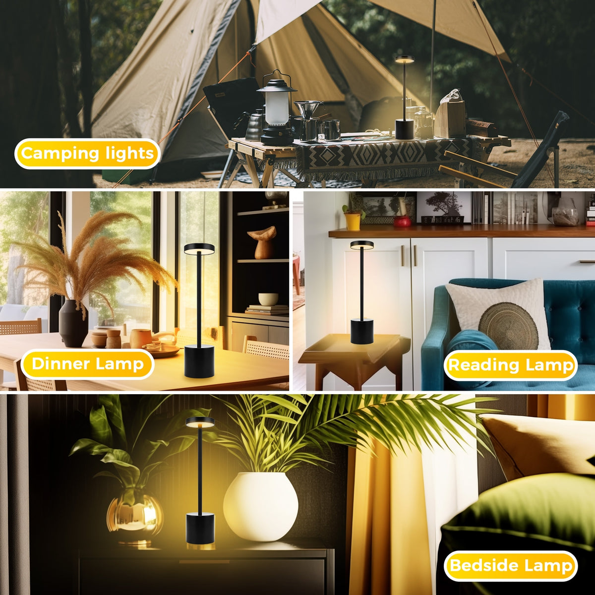  multi-scenario use of Rechargeable LED Desk Lamp including outdoor, indoor, and camping settings.