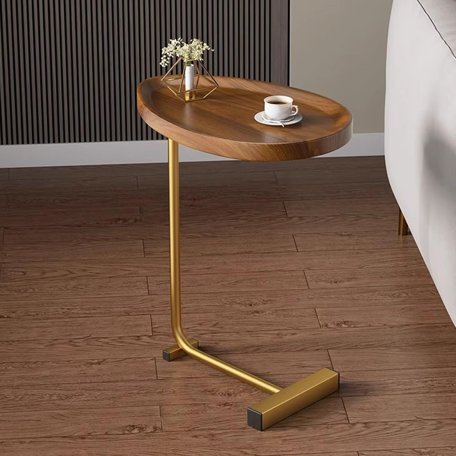 A Modern C-Shaped Side Coffee Table is Serving Coffee.