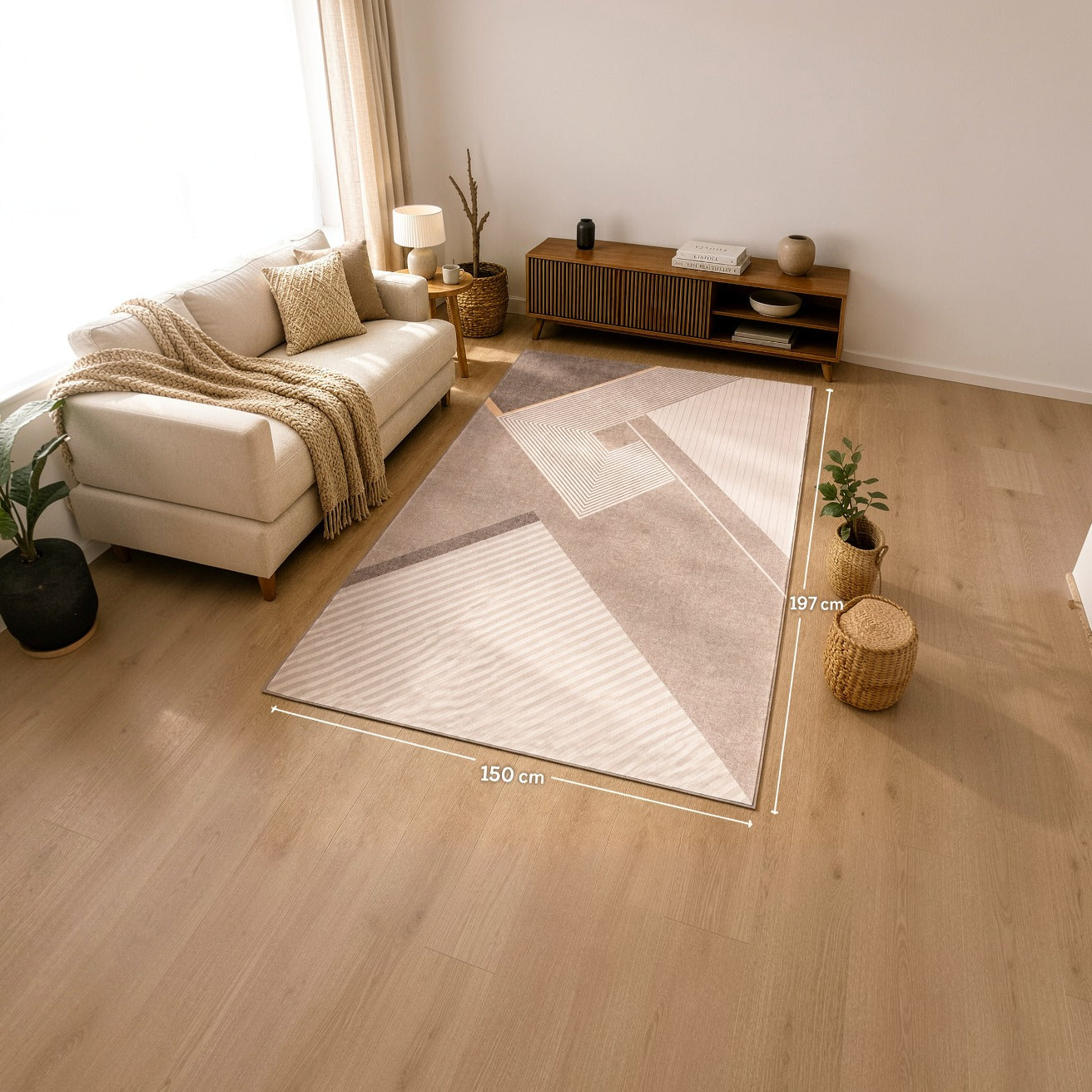 Living room with a Modern Non Slip Rug Floor Mat on wooden floor, dimensions indicated.