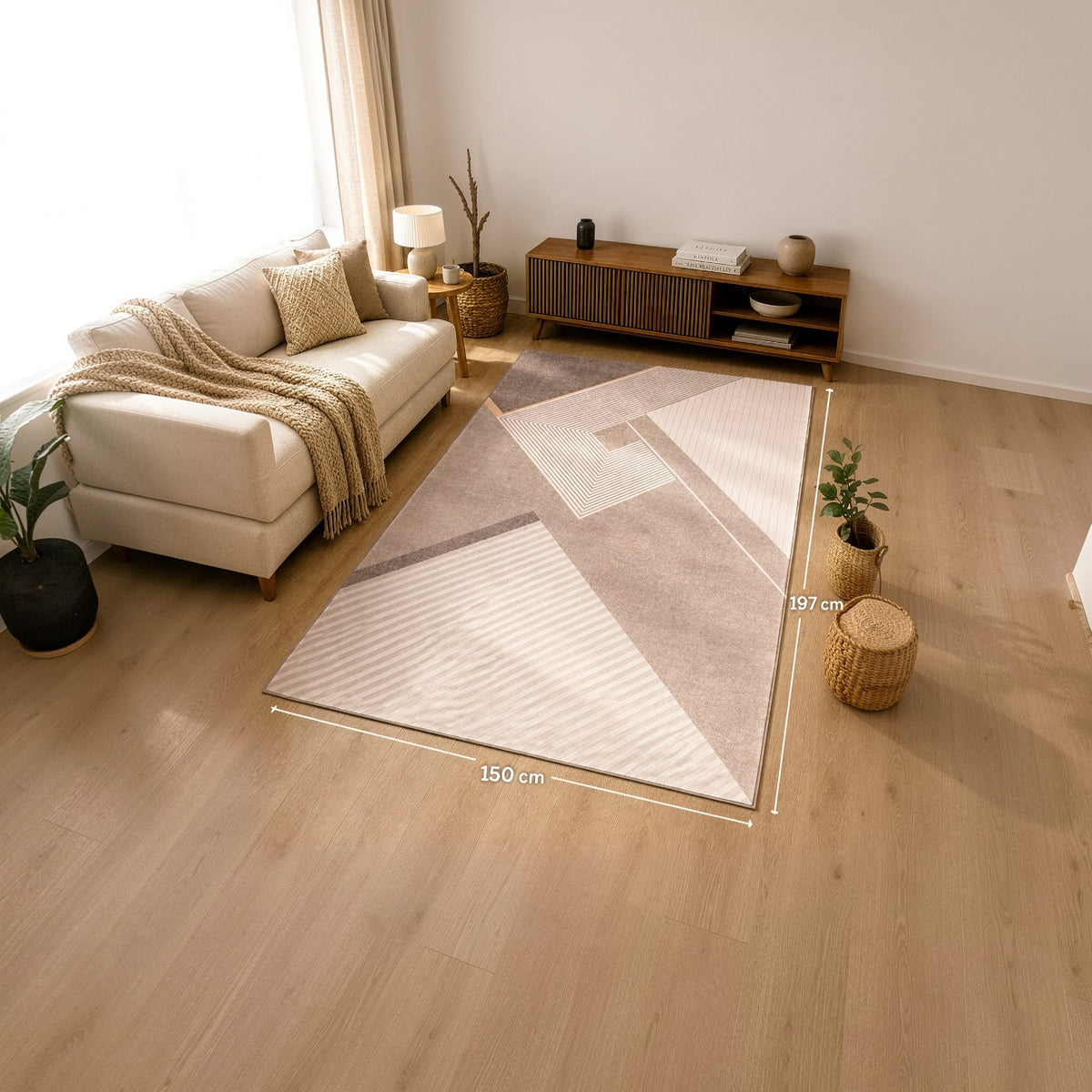 Living room with a Modern Non Slip Rug Floor Mat on wooden floor, dimensions indicated.