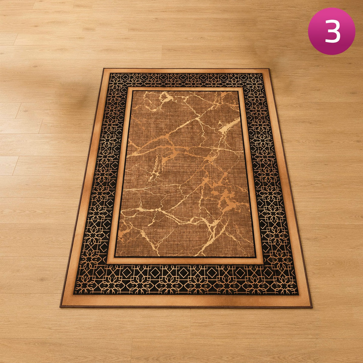 Modern Non Slip Rug Floor Mat with marble pattern and intricate border on a wooden floor