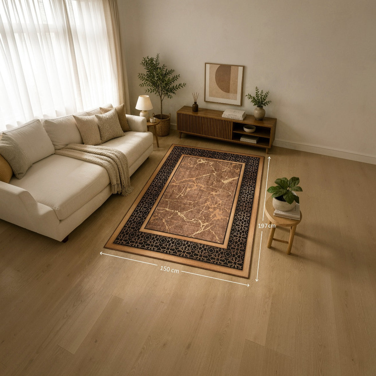 Living room with a Modern Non Slip Rug Floor Mat, beige sectional sofa, coffee table, and decorative items.