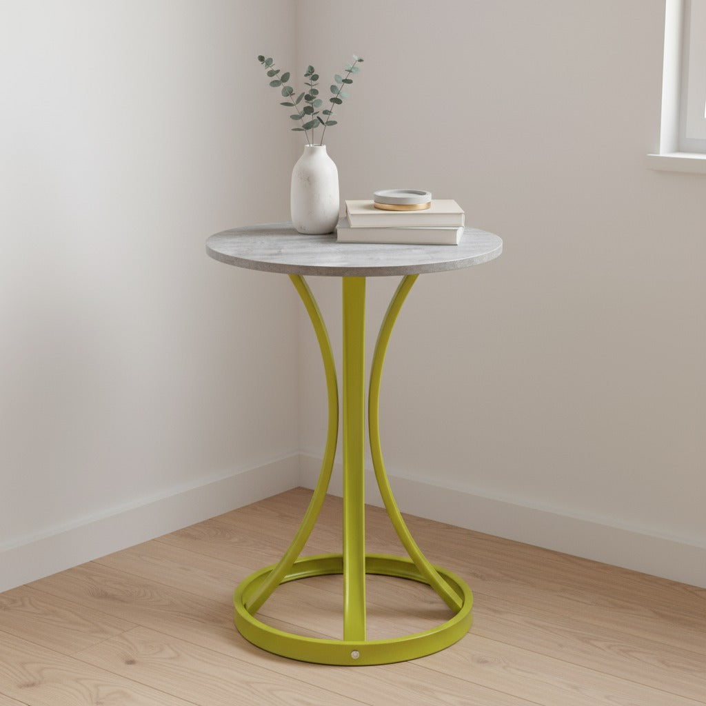 A Modern Round Coffee Table is Organozed wiith Books and Decor Items.