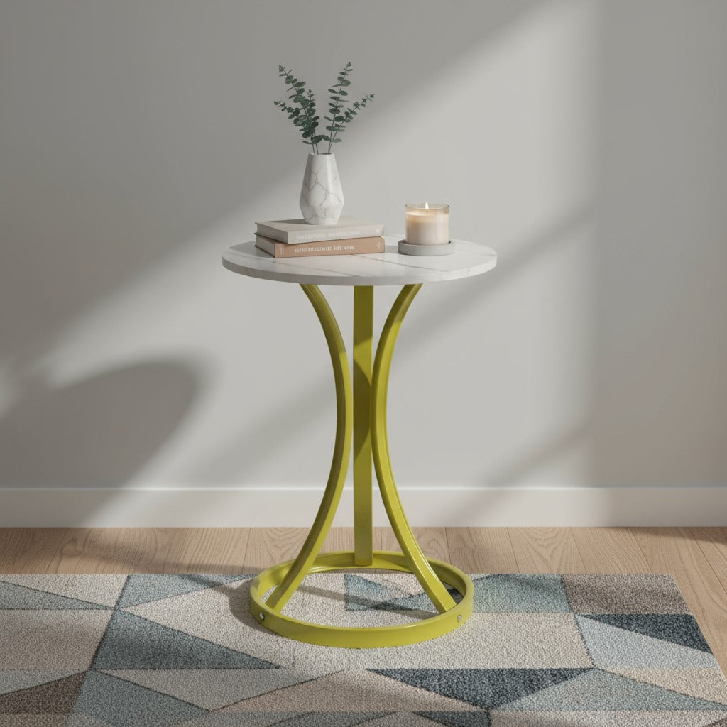 A Modern Round Coffee Table is Organized ith Some Decor Items.