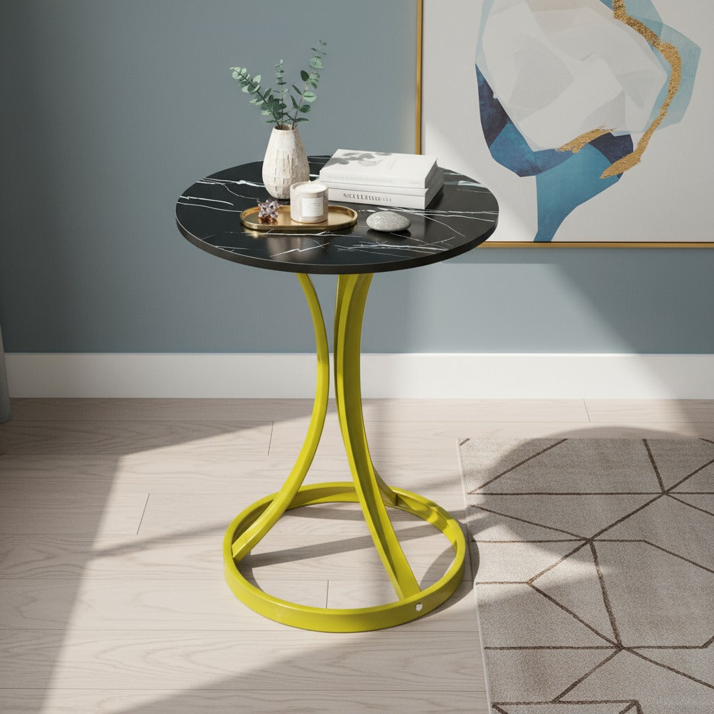 A Modern Round Coffee Table is Organized with Some Decor Items.