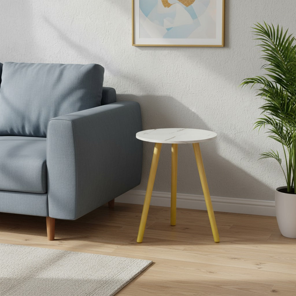 A Modern Round Wooden Side Coffee Table Iis Placed Next to Sofa.
