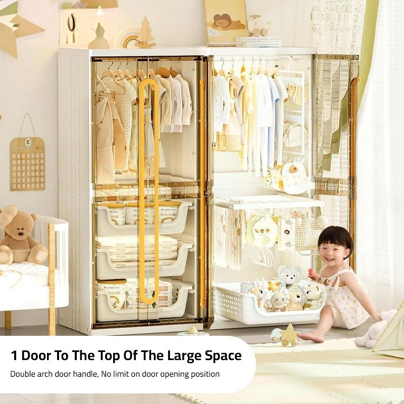A Child is Arranging Her Toys On Modern Wardrobe Cloth Storage Cabinet Rack.