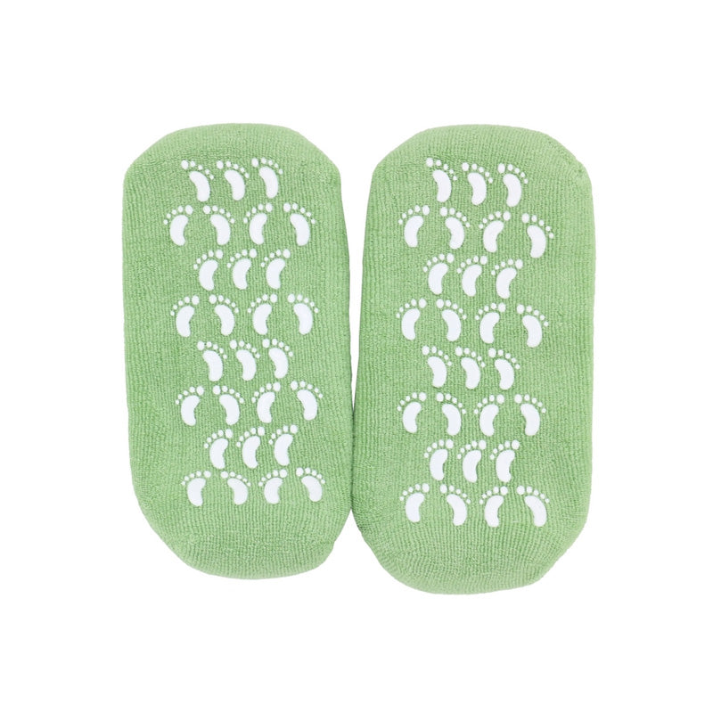 Pair of Moisturizing Spa Gel Socks with white patterns on a white background