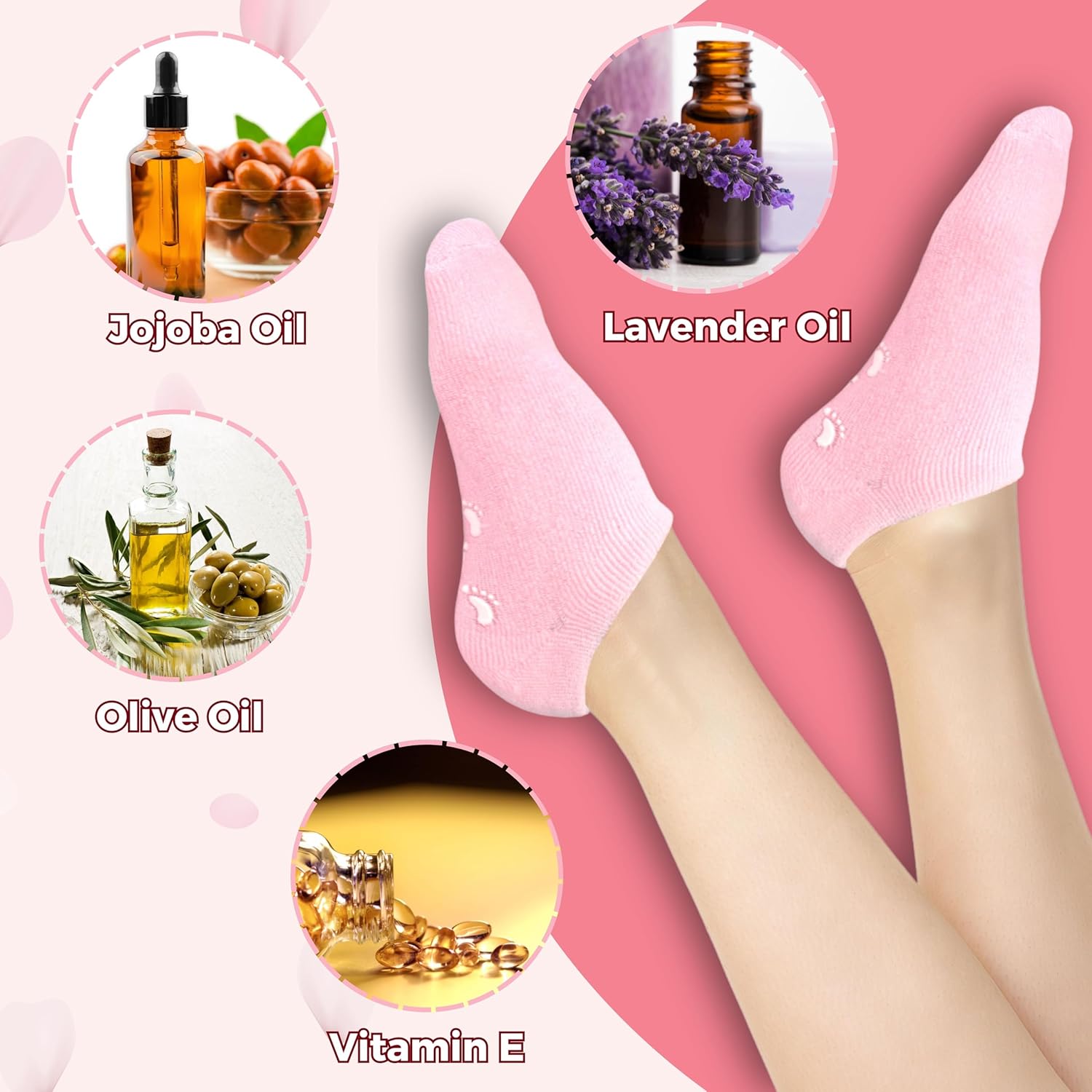 A person wearing Pink socks with images of Jojoba Oil, Lavender Oil, Olive Oil, and Vitamin E on a pink background.