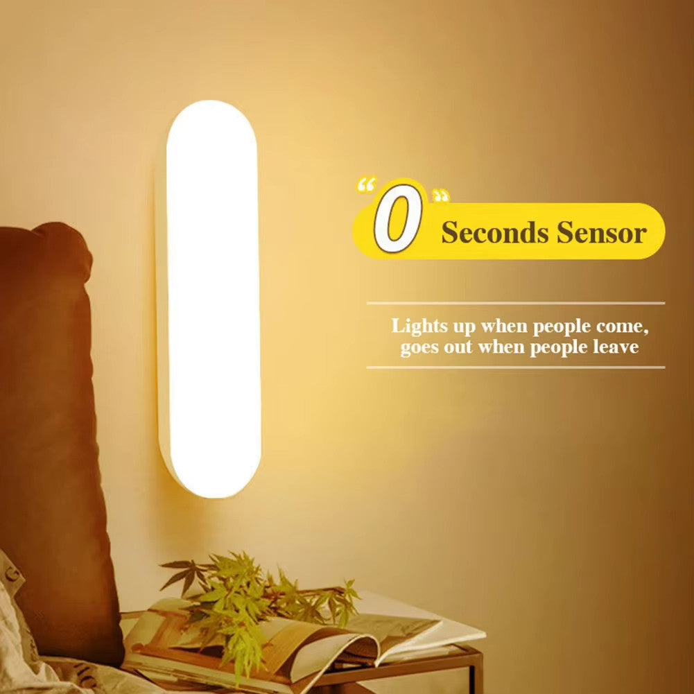Motion Sensor Night Light is Attached on the Wall of Bedside.