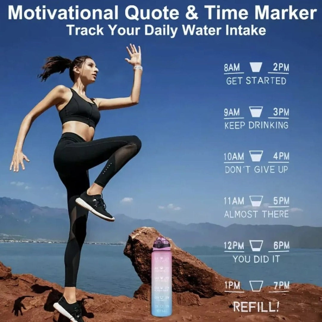 A Women is Doing Her Workout and Motivational Drinking Water Bottle is Placed Near.