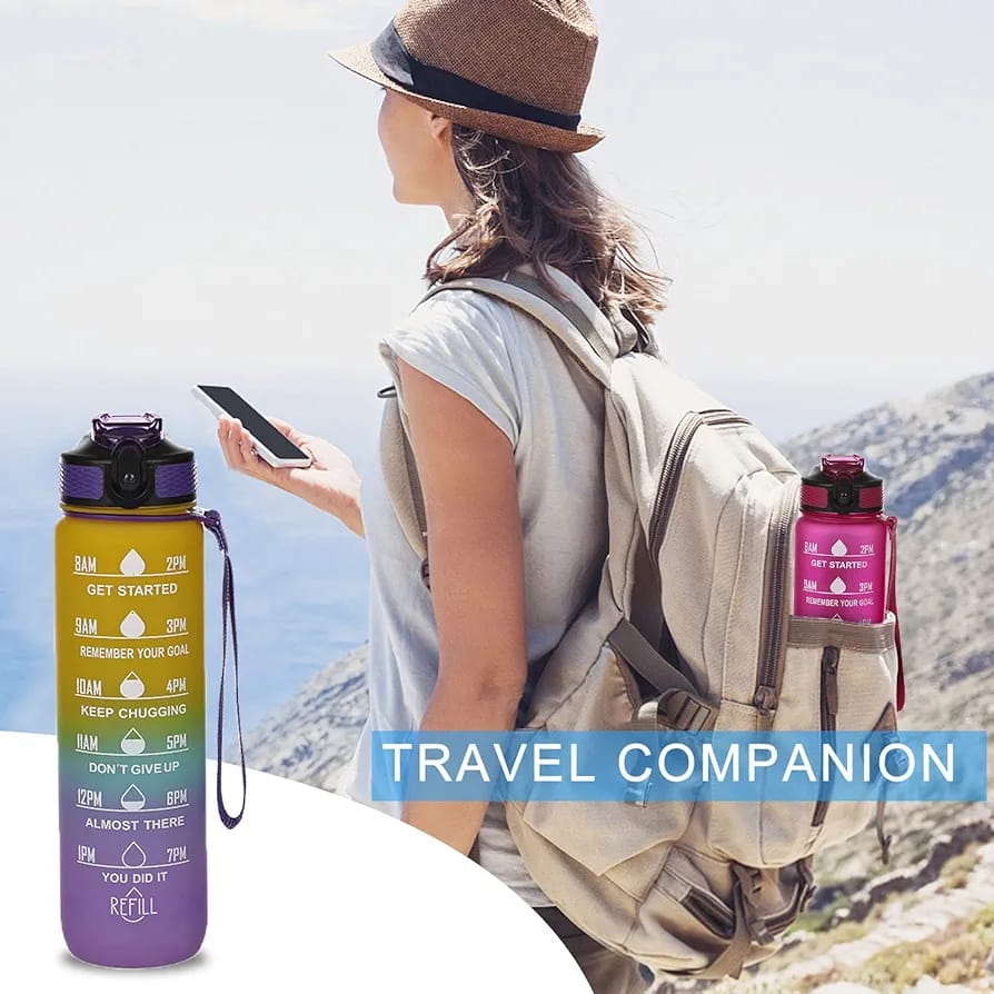 A Women is Carrying Motivational Drinking Water Bottle in Her Bacpack.