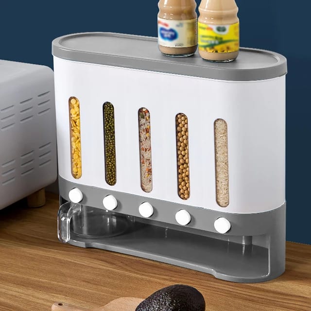 Wall Mounted 5-Grid Dry Food Dispenser with two bottles placed on top of it