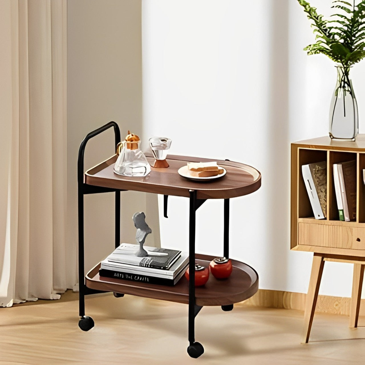 Movable Coffee Serving Table With Food Items.