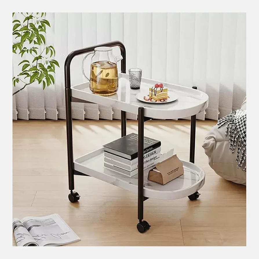 Movable Coffee Serving Table With Food Items To Serve.