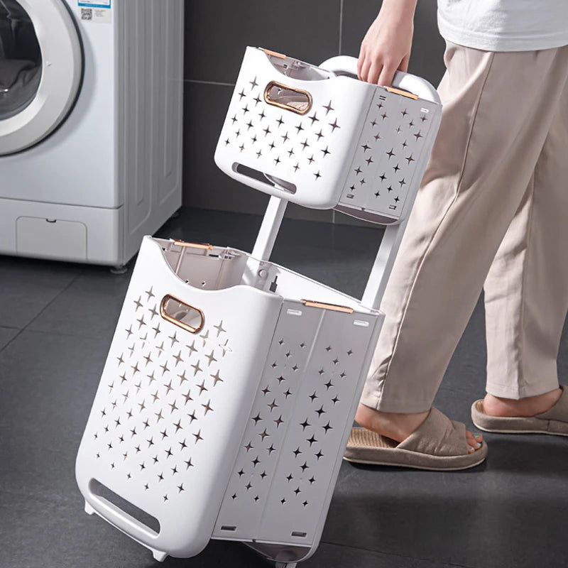 Someone is rolling 2 Tier Laundry Baskets with Wheels