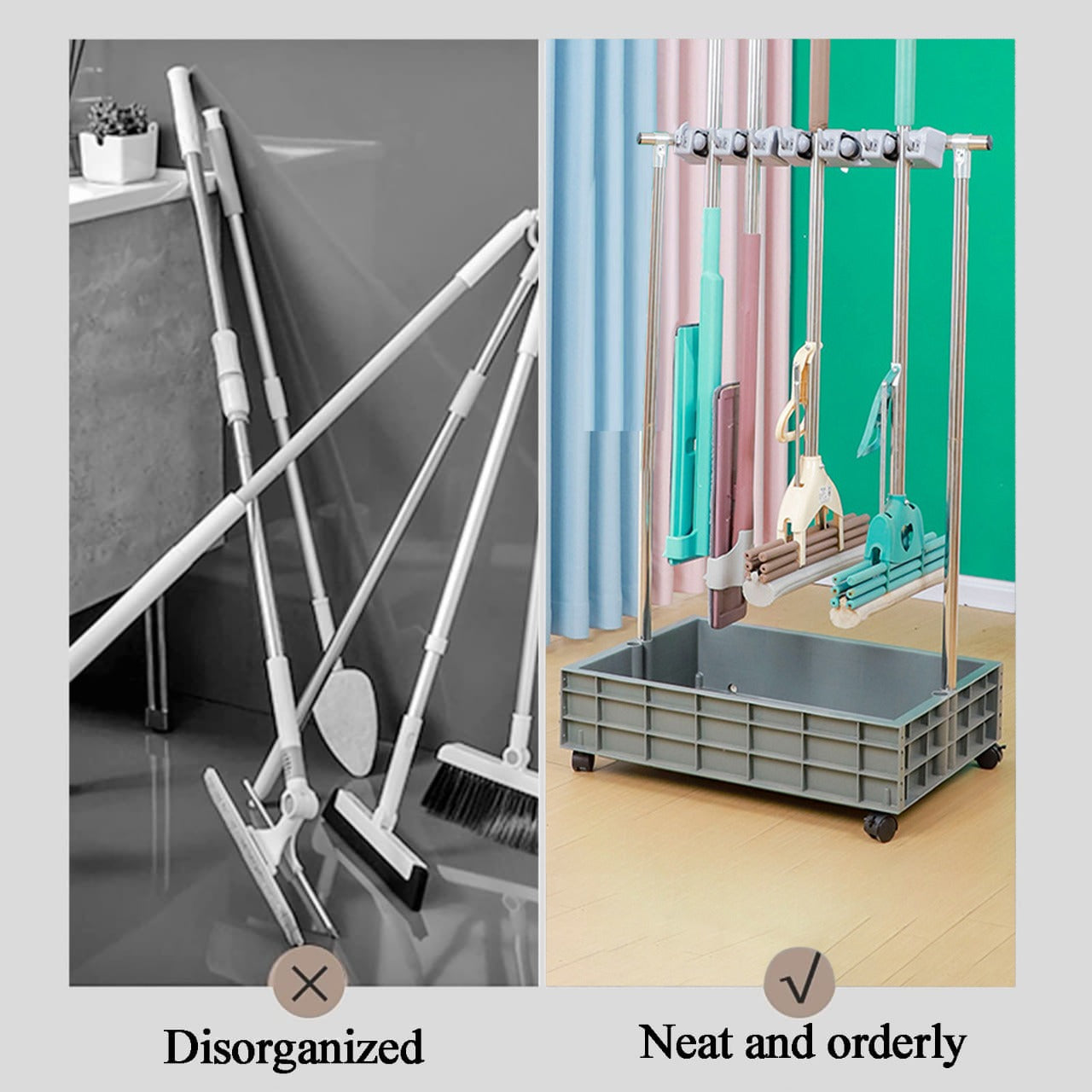 Mop and Broom are Organized in a Movable Mop Broom Holder.