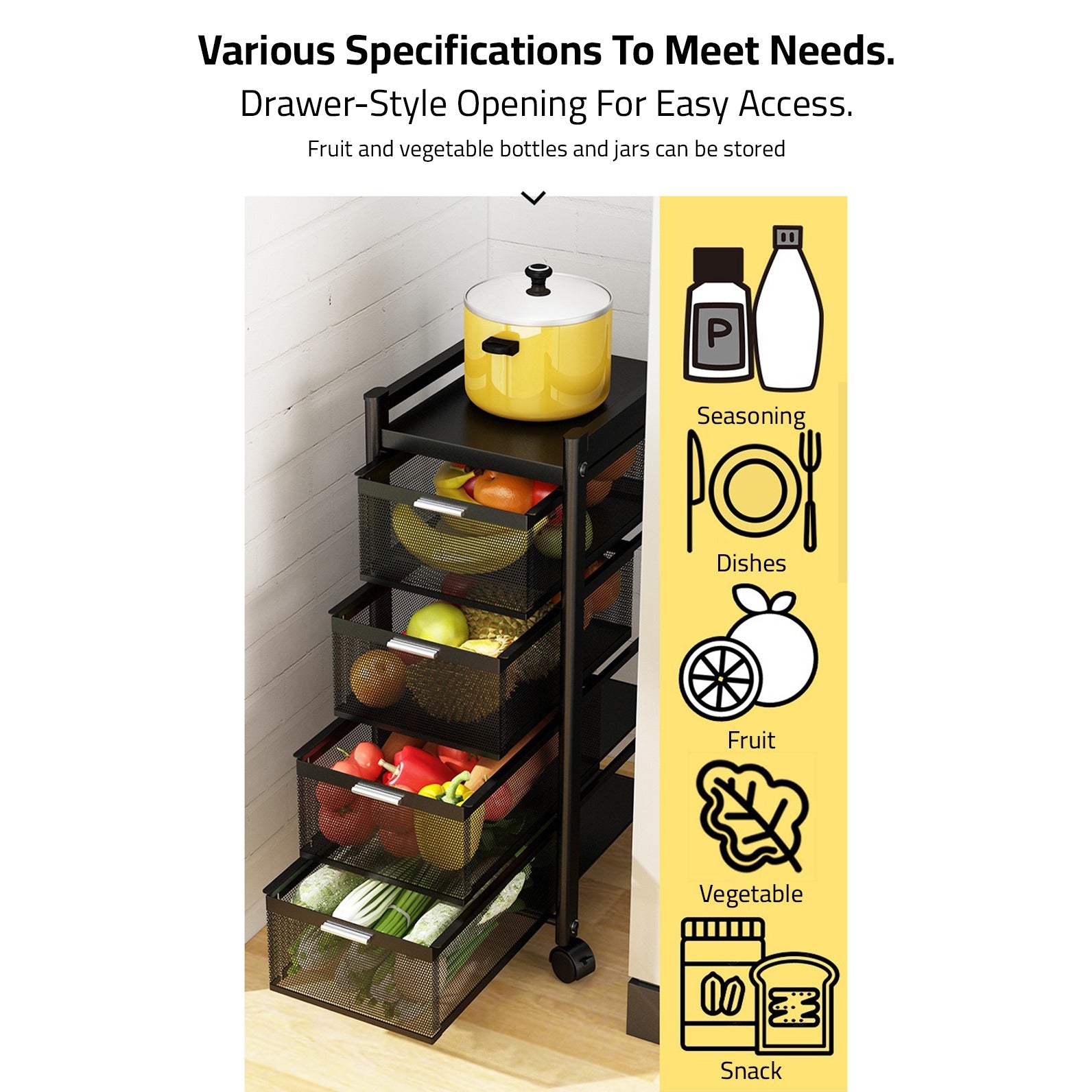 Multi-Layer Drawer Kitchen Trolley Rack Organized With Fruits and Vegetables.